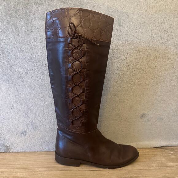 Angela Falconi Italian Leather Lace Up Side Detail Brown Riding Boots- 7.5 - Picture 1 of 8